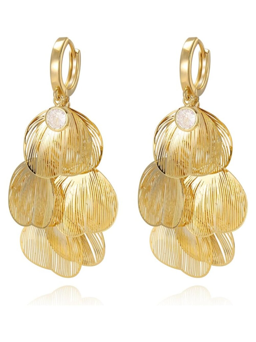 14k Gold Plated Brass Layered Floral Leaf Drop Dangle Earrings for Women
